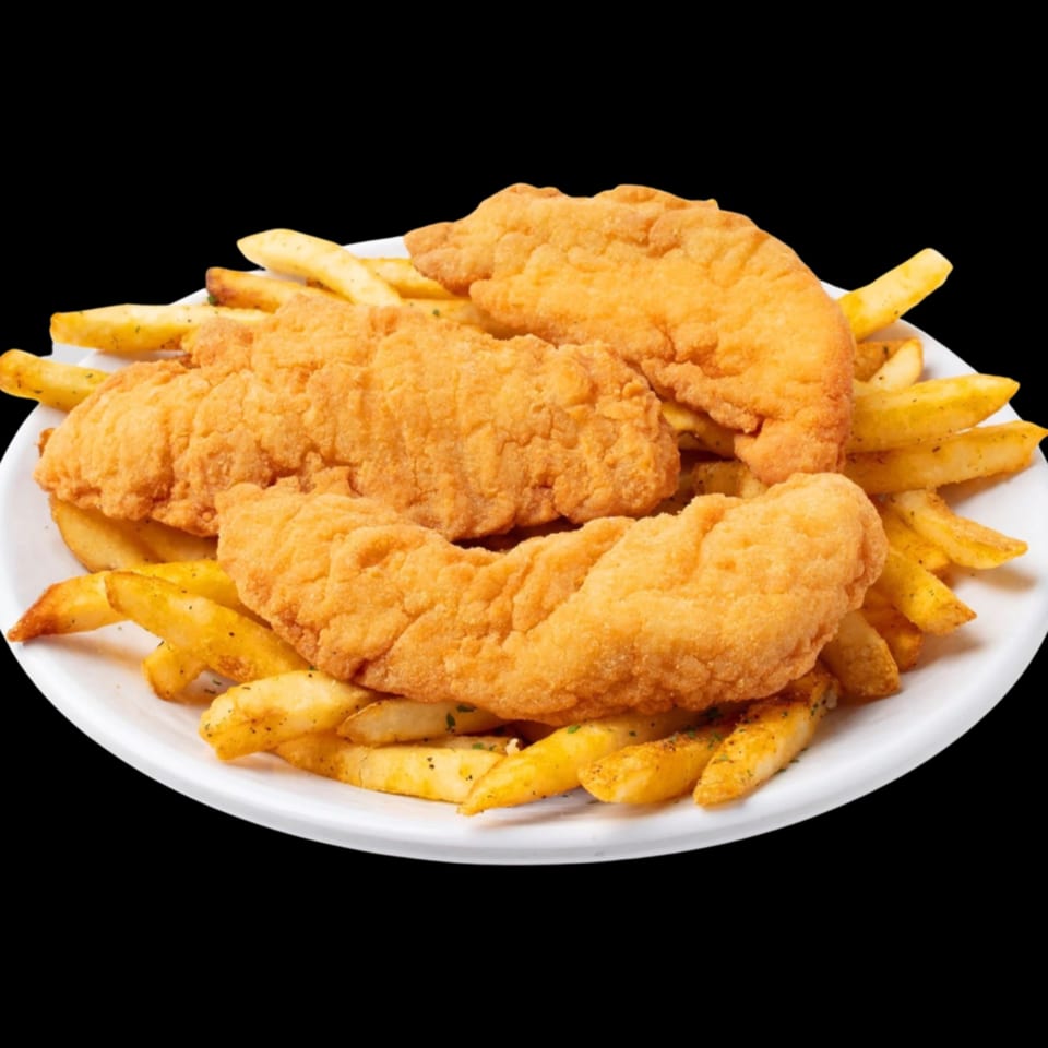 Crispy golden-brown chicken tenders and seasoned french fries on a white plate against a black background.